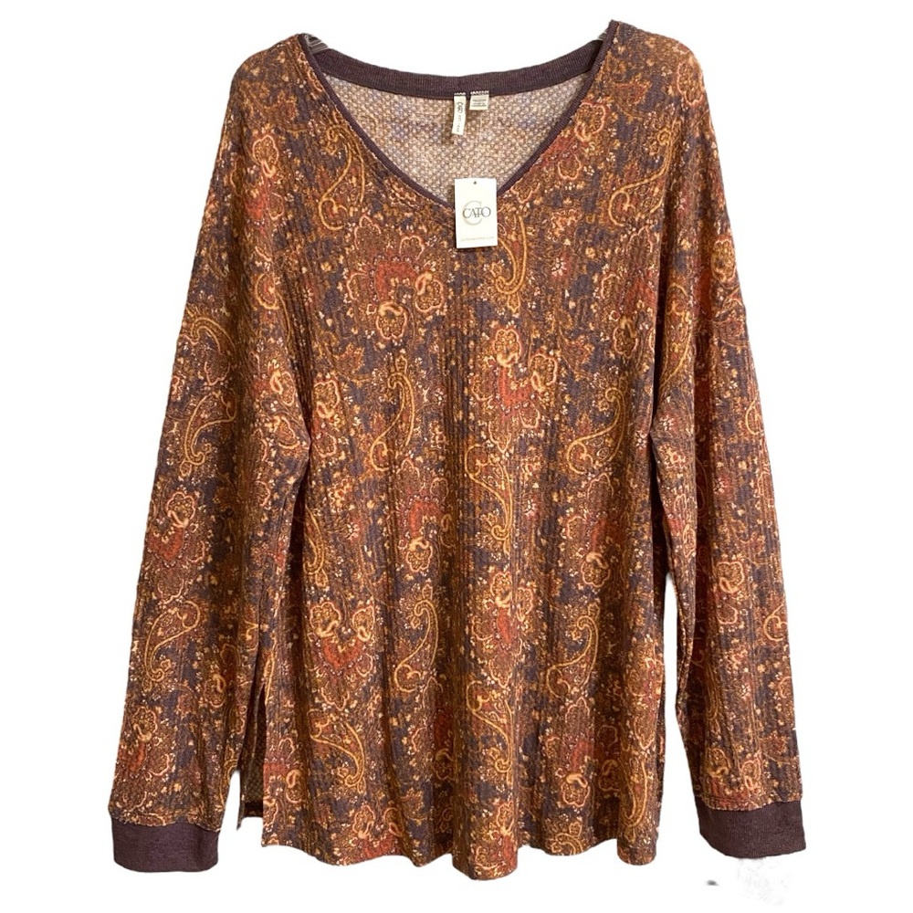 NWT CATO Brown Paisley Waffle Knit Top Sz 18/20W